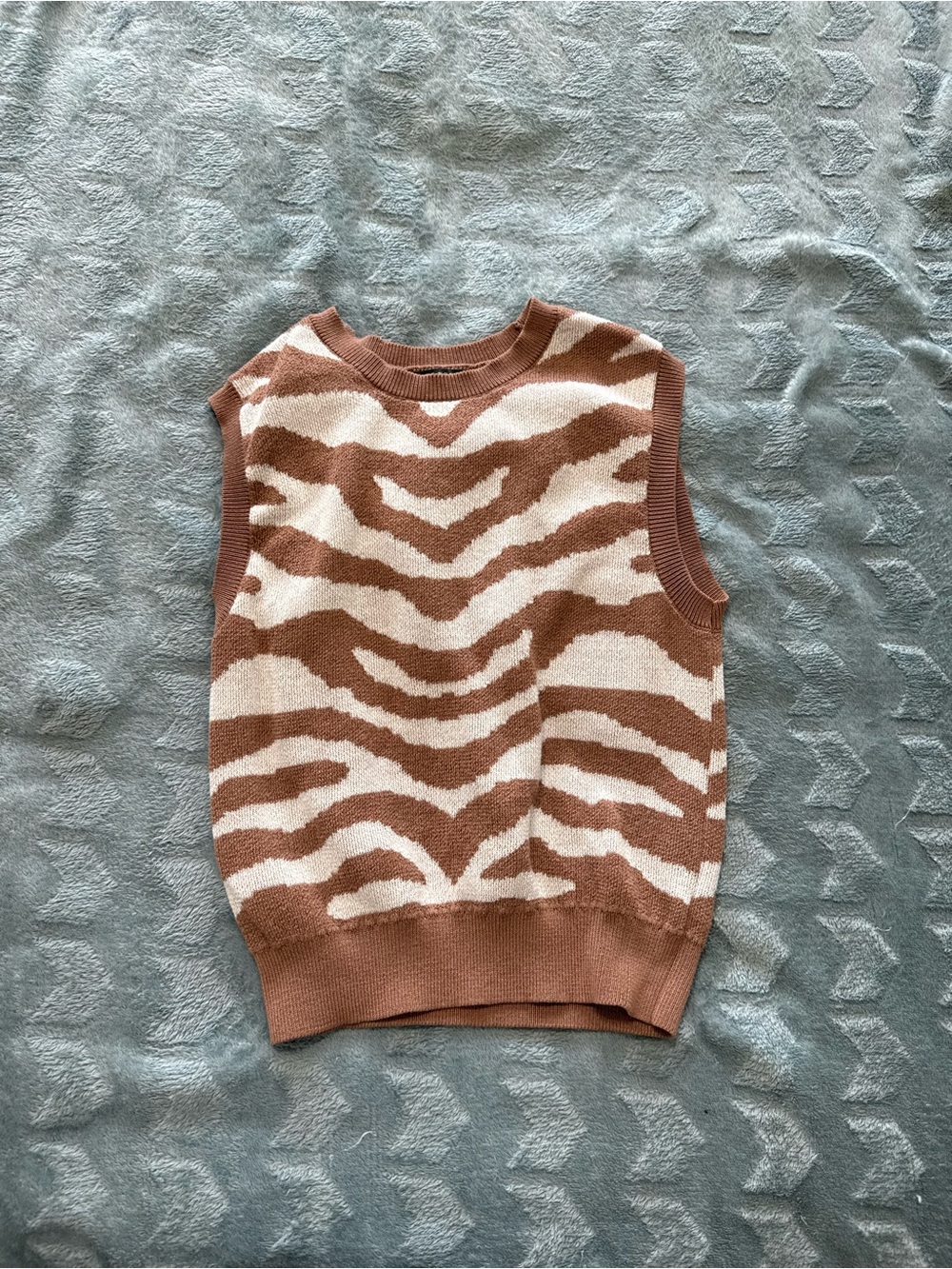 Zebra Print Knit Sweater Vest in Brown & Cream